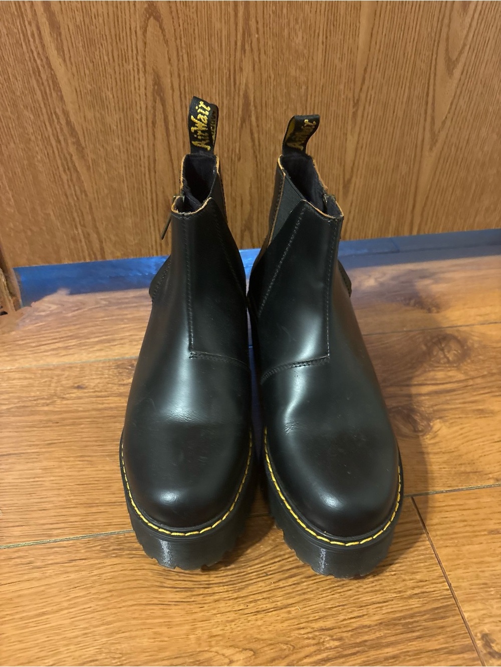 Black Leather Chelsea Boots with Yellow Stitching - Women’s